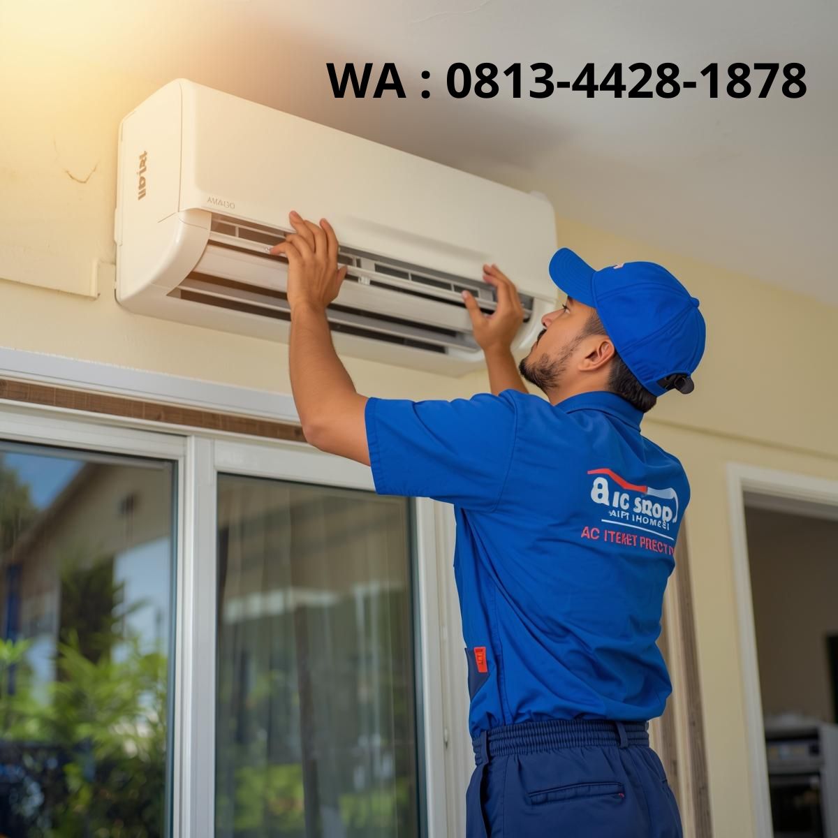 TEKNISI SEDANG MEMASANG AC 